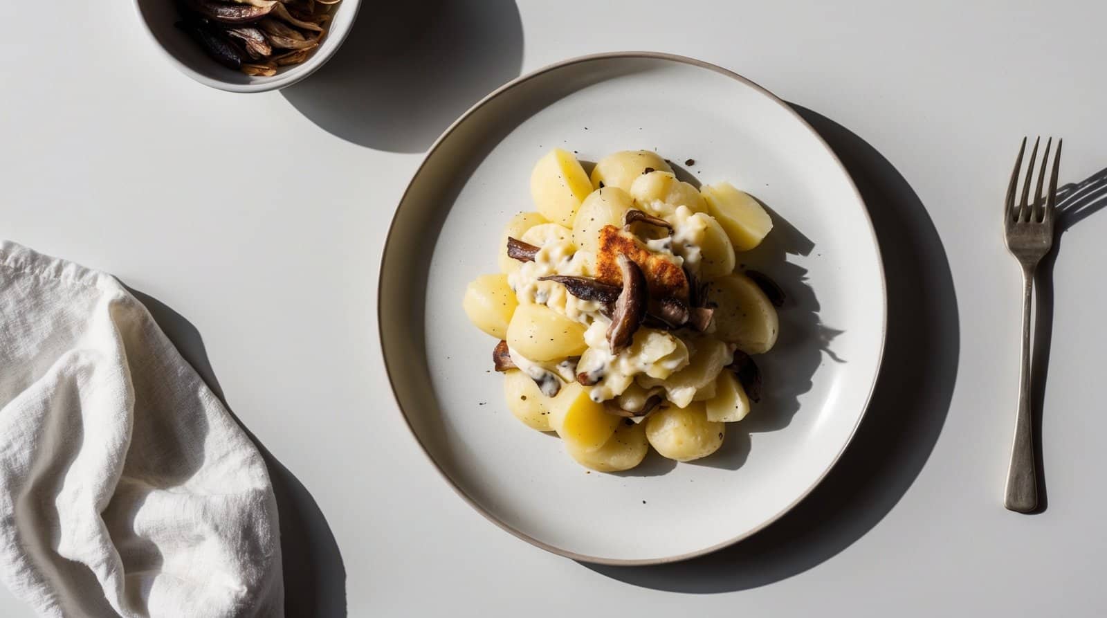 A plate of sliced potatoes topped with creamy sauce and mushrooms is set on a white surface next to a fork and a white napkin, reminiscent of a Janssons Frestelse recipe, accompanied by a small bowl of mushrooms.