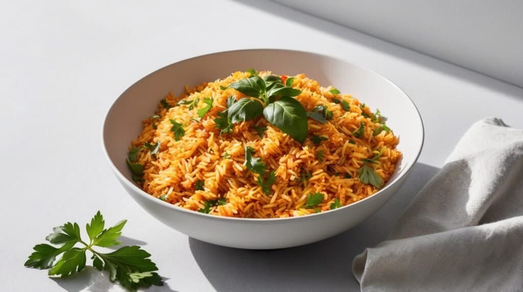 A white bowl filled with seasoned yellow Fusion Jollof rice garnished with fresh herbs is placed on a white surface. Some loose sprigs are next to the bowl, and a light gray cloth is on the right side.