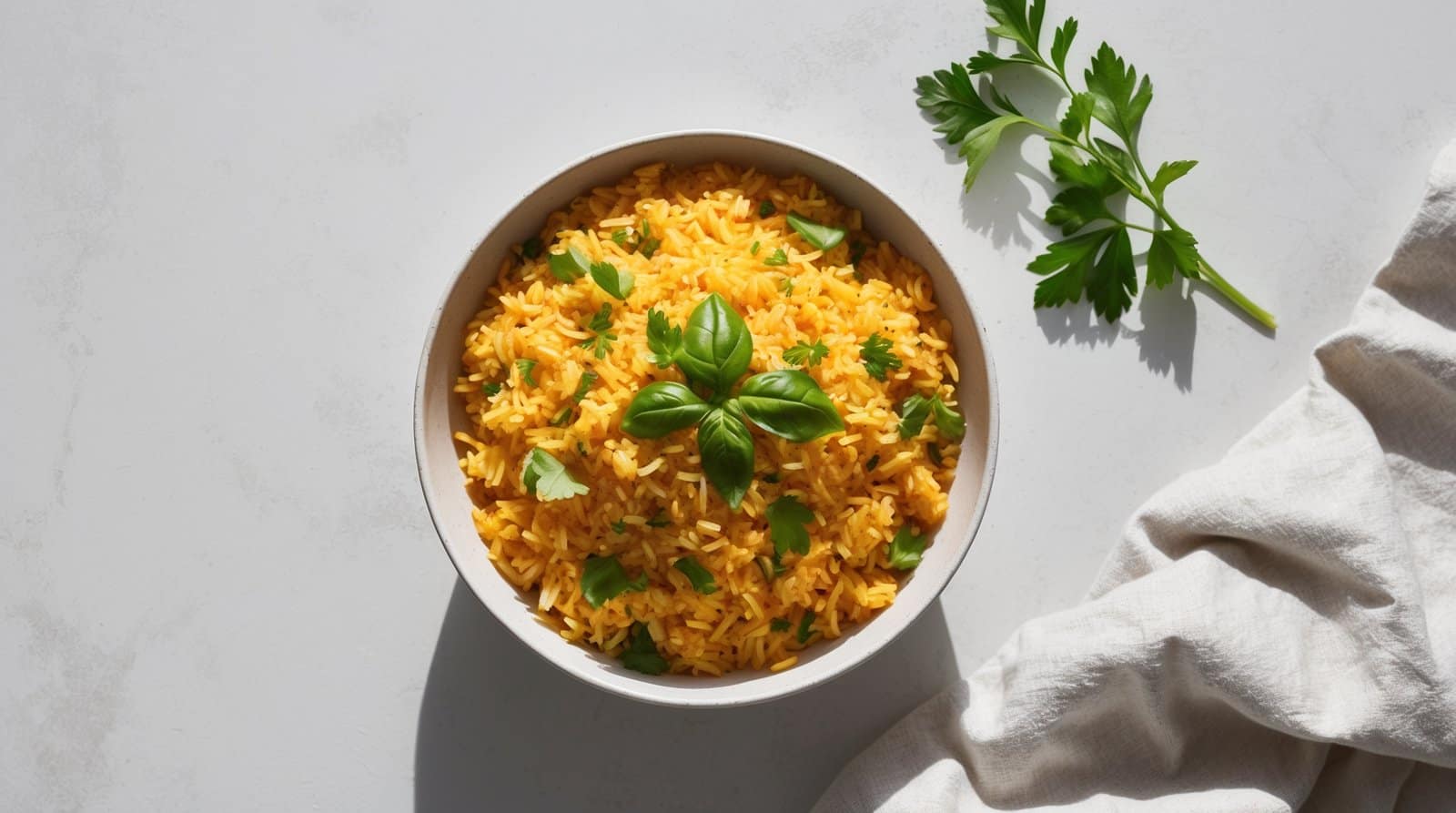 A bowl of yellow rice garnished with green herbs sits on a white surface, accompanied by a sprig of parsley and a white cloth napkin—a beautiful Rice Recipe inspired by Fusion Jollof Rice.