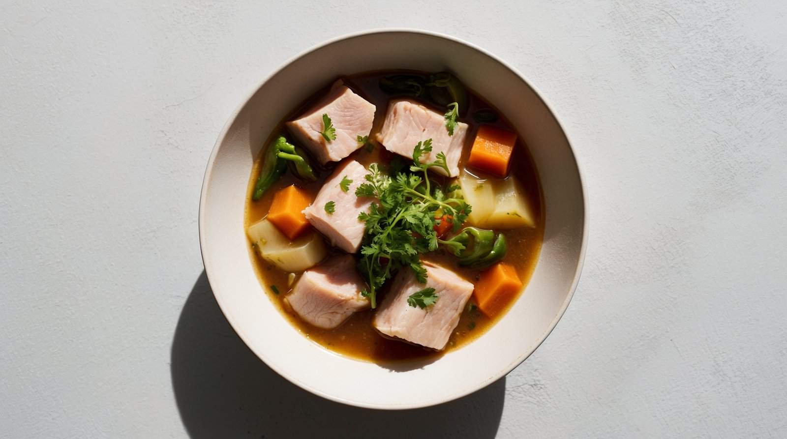 A bowl of soup containing chunks of fish, carrots, potatoes, and green vegetables, garnished with fresh herbs. This delightful dish can be transformed into a Bulgarian Kavarma by incorporating traditional techniques for a truly authentic experience.