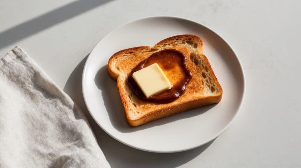 A slice of toasted bread with a pat of butter and a spread of brown jam on a white plate beside a cloth napkin, reminiscent of a traditional Singaporean Kaya Toast.