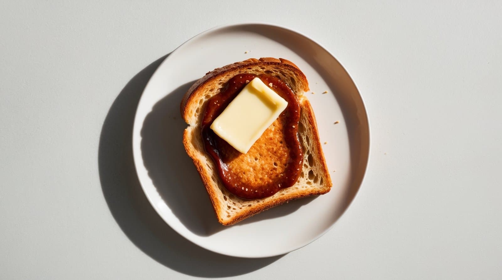 A plate with a slice of toast topped with a round patty, a layer of sauce, and a rectangular pat of butter, reminiscent of Singaporean Kaya Toast, placed on a white surface.