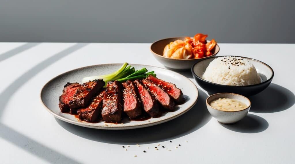 A plate of marinated beef from a classic Korean BBQ, garnished with green onions, accompanied by bowls of white rice, kimchi, and a creamy dipping sauce, all arranged on a white surface.