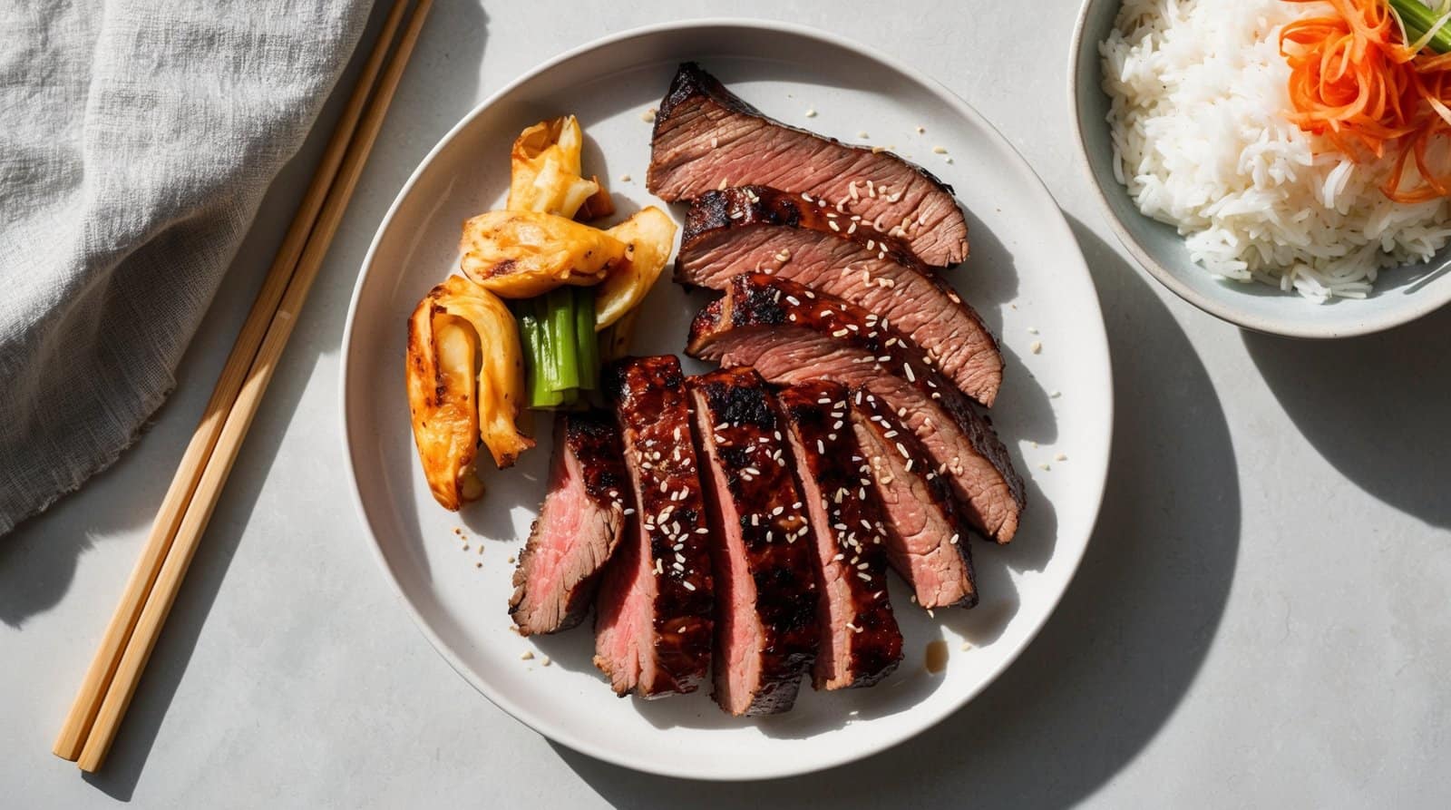 A plate with sliced grilled marinated beef garnished with sesame seeds, accompanied by kimchi and green onions, reminiscent of a classic Korean BBQ. Chopsticks and a napkin are on the left, while a bowl of white rice with carrots is on the right.