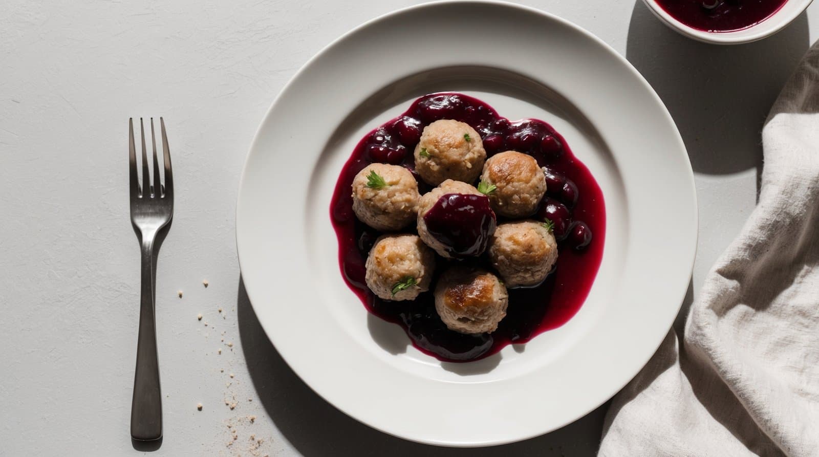 A white plate with five Swedish meatballs topped with a dark red Lingonberry sauce, accompanied by a fork on the left side and a white napkin on the right.