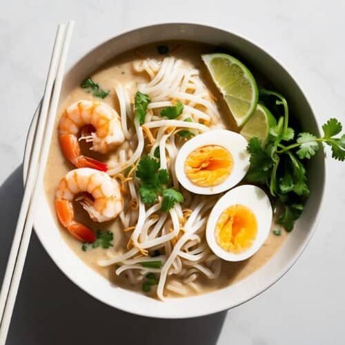 A bowl of Singaporean Laksa noodle soup with spicy prawns, halved soft-boiled eggs, bean sprouts, lime wedges, and cilantro; served with chopsticks placed alongside the bowl on a white surface.