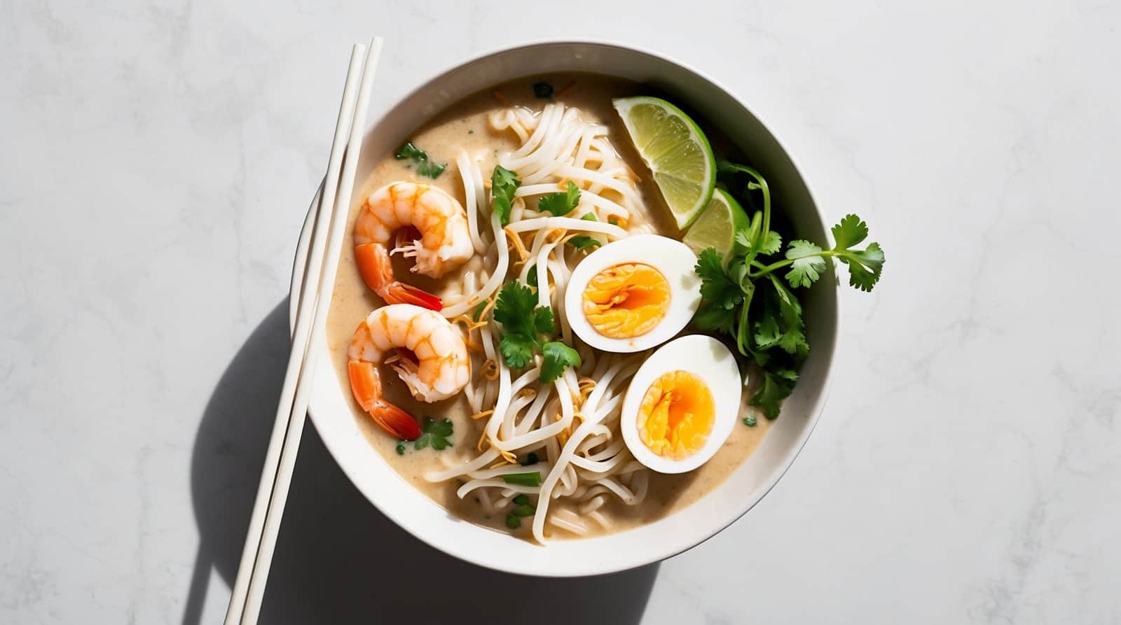 A bowl of Singaporean Laksa noodle soup with spicy prawns, halved soft-boiled eggs, bean sprouts, lime wedges, and cilantro; served with chopsticks placed alongside the bowl on a white surface.