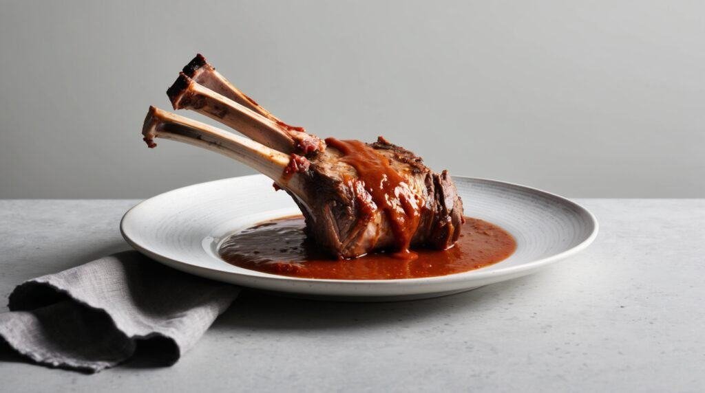 A plated dinner recipe featuring three cooked lamb ribs standing upright, drizzled with a rich brown sauce, positioned on a white plate with a gray napkin beside it.