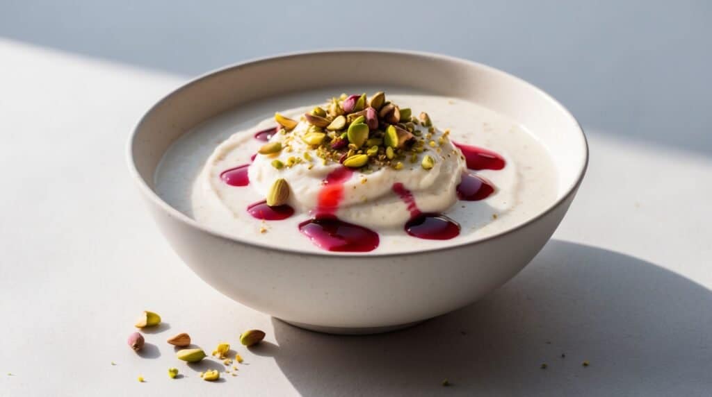 A creamy dessert of yogurt topped with chopped pistachios and drizzled with rose water syrup, placed in a white bowl on a light surface.