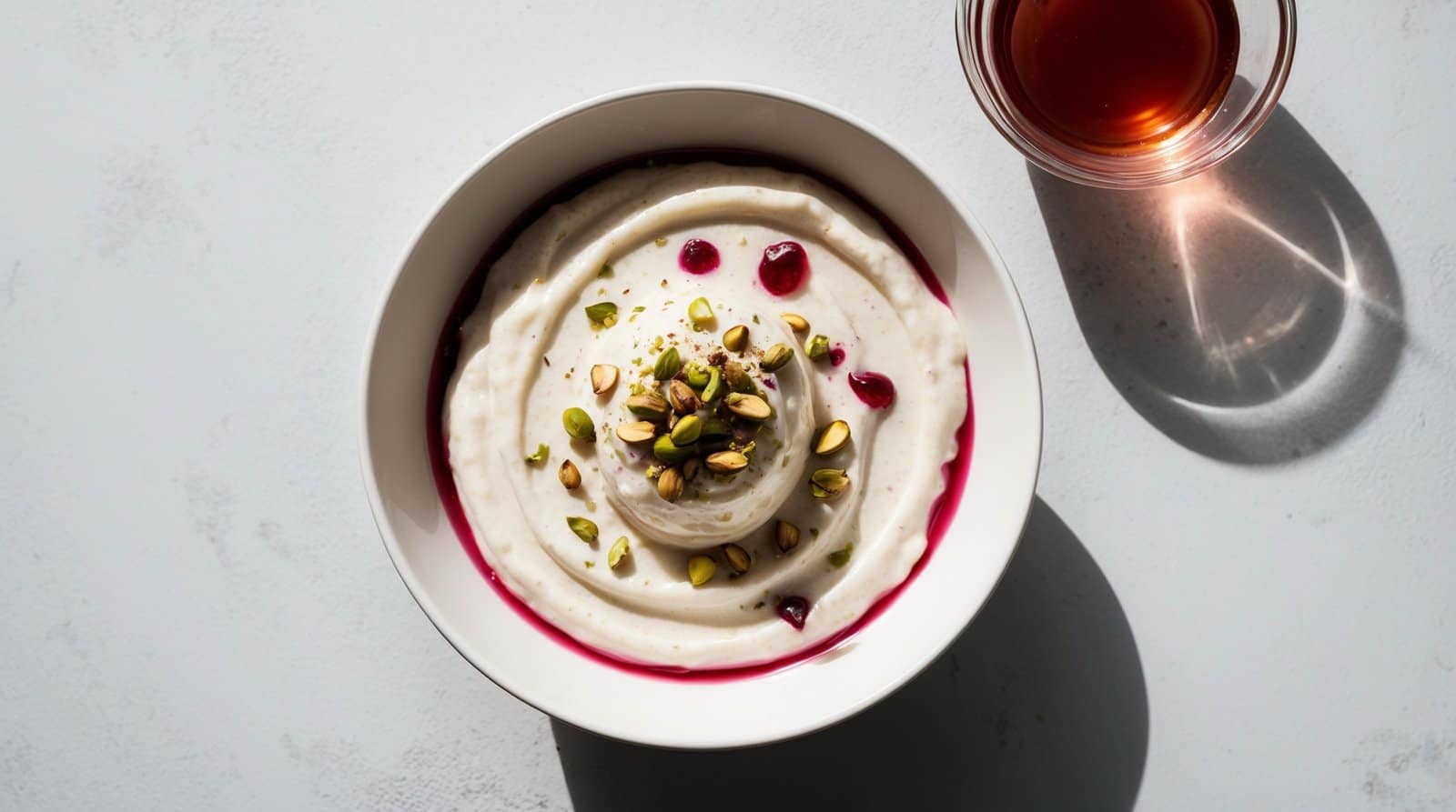 A bowl of creamy yogurt topped with pistachios and a drizzle of berry sauce, reminiscent of Malabi, accompanied by a glass of tea on the side.