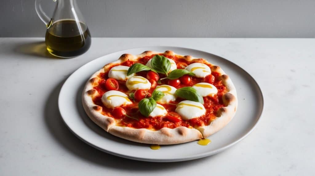 A classic Margherita pizza topped with fresh mozzarella, cherry tomatoes, and basil leaves sits on a white plate. Beside the plate, a small glass jug of olive oil rests on the pristine white surface.