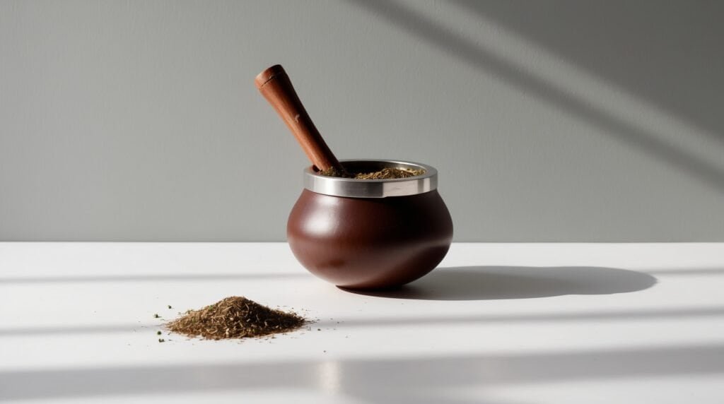 A wooden pestle in a round brown mortar on a white surface with herbs spilled next to it, against a neutral grey background, reminiscent of an Argentine Mate setup.