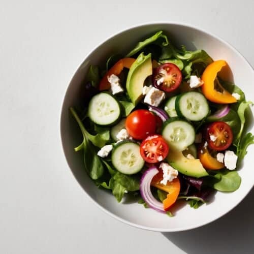 A bowl of fresh mixed green salad containing spinach, cucumber slices, cherry tomatoes, avocado slices, red onion, orange bell pepper, and crumbled feta cheese on a light gray background.