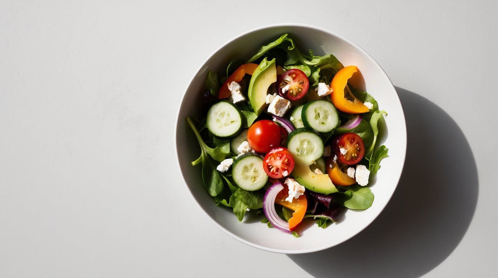 A bowl of fresh mixed green salad containing spinach, cucumber slices, cherry tomatoes, avocado slices, red onion, orange bell pepper, and crumbled feta cheese on a light gray background.