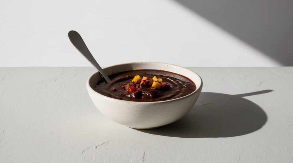 A bowl of dark Mole Poblano soup garnished with diced yellow vegetables, with a spoon placed in the bowl, sits on a textured surface with a shadow cast to the side.