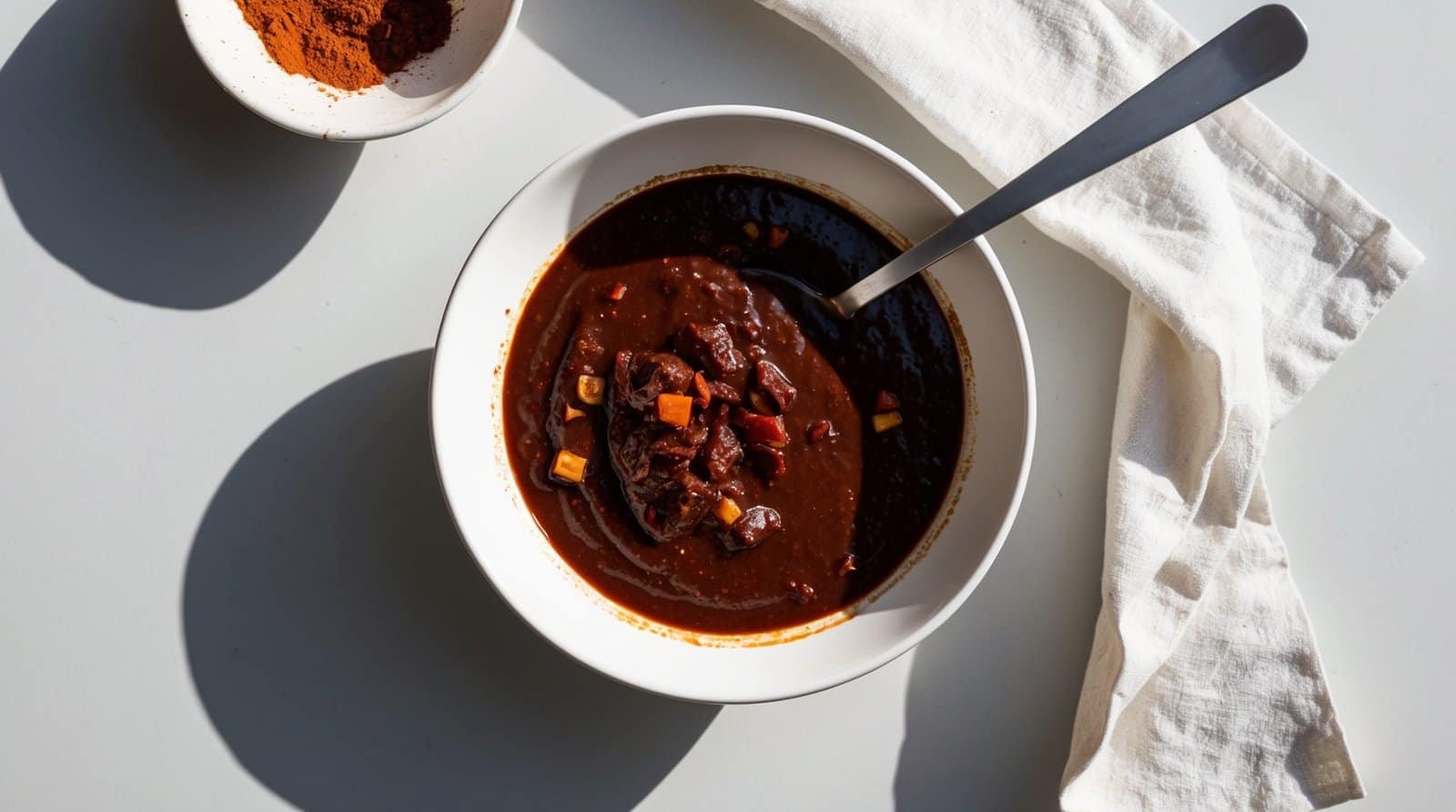 A bowl of thick, dark Mole Poblano soup with chunks of vegetables sits next to a spoon and a bowl of powdered spice on a white surface with a white cloth, showcasing the rich flavors of this traditional recipe.