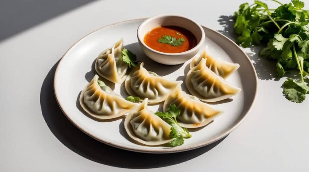 A plate with six delicious momos arranged in a semicircle around a small bowl of dipping sauce, garnished with fresh cilantro, highlighting authentic Nepali cuisine.