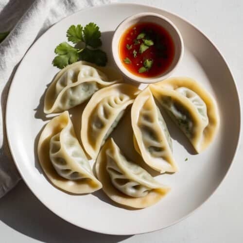 A white plate with six delicious momos and a small bowl of red dipping sauce. Fresh cilantro is placed beside the plate on a white cloth, showcasing the essence of Nepali cuisine.
