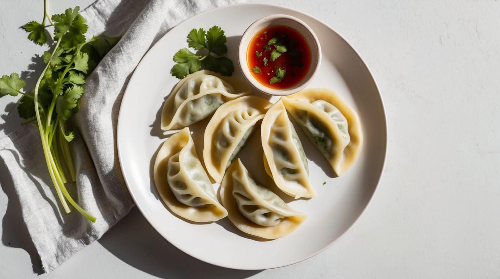 A white plate with six delicious momos and a small bowl of red dipping sauce. Fresh cilantro is placed beside the plate on a white cloth, showcasing the essence of Nepali cuisine.