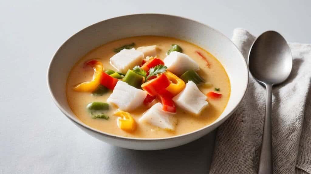 A bowl of Brazilian fish soup, Moqueca, with chunks of white fish and colorful bell peppers, garnished with cilantro, beside a spoon and a napkin, set on a light gray surface. Perfect for those looking to try a vibrant new recipe.