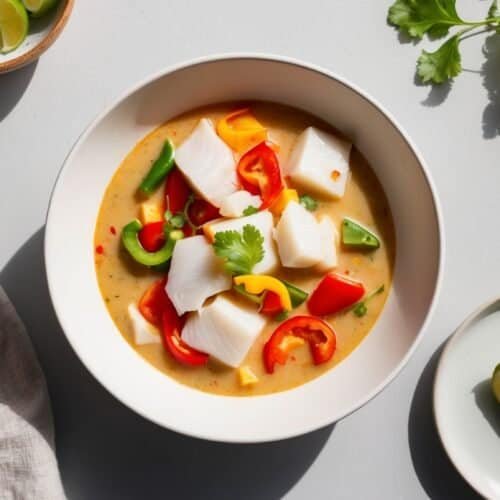 A bowl of traditional Brazilian moqueca soup with fish chunks, red and green bell peppers, garnished with cilantro. Nearby are lime wedges, cilantro leaves, a cloth napkin, and a spoon.