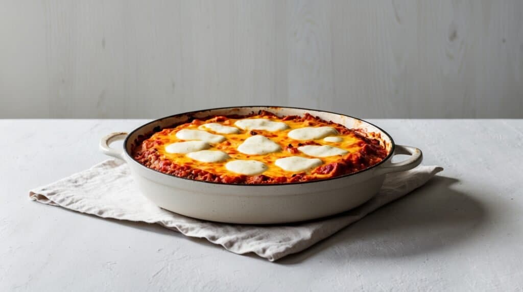 A ceramic dish filled with baked lasagna topped with melted cheese, placed on a light-colored cloth on a white surface, offers a recipe reminiscent of traditional Bulgarian Moussaka.