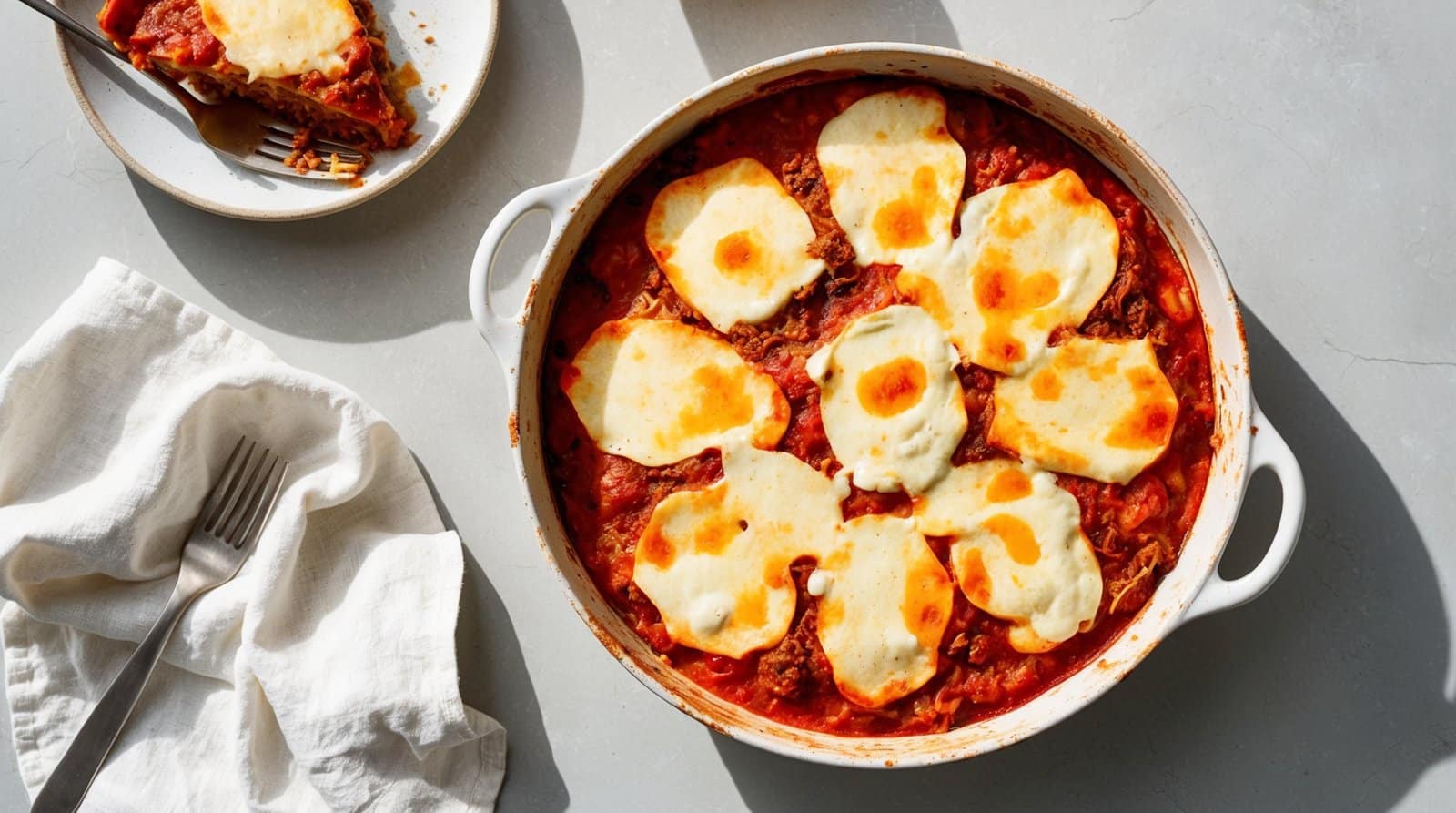 A hearty dish with melted cheese on top sits on a table next to a white napkin. A portion of Bulgarian Moussaka is served on a plate in the background with a fork, also on the table.