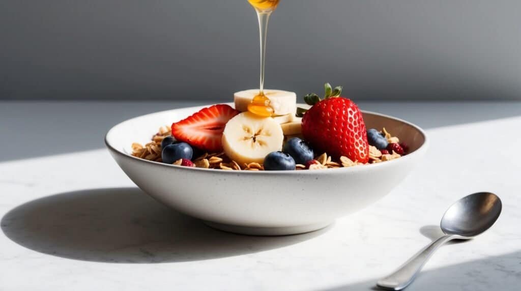 A bowl of healthy muesli topped with sliced bananas, strawberries, blueberries, and a honey drizzle, placed on a white marble surface with a spoon nearby.