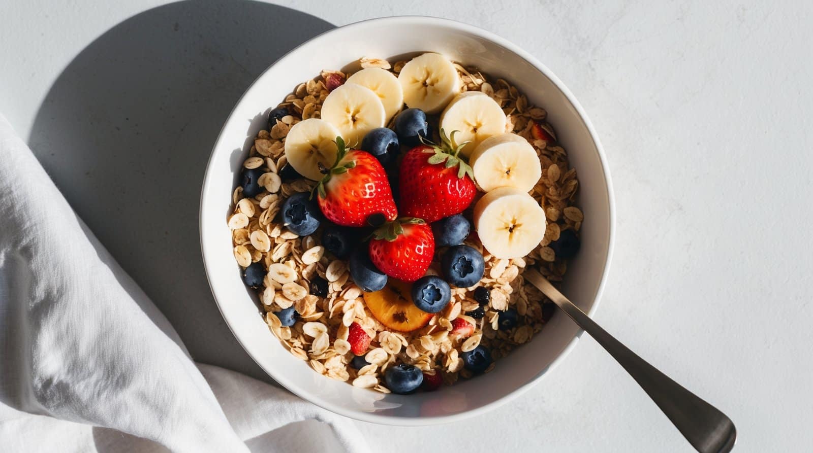 A bowl of healthy muesli topped with sliced bananas, strawberries, and blueberries on a light-colored surface with a spoon and a white cloth next to it. This delicious recipe is perfect for incorporating fresh fruit into your breakfast.