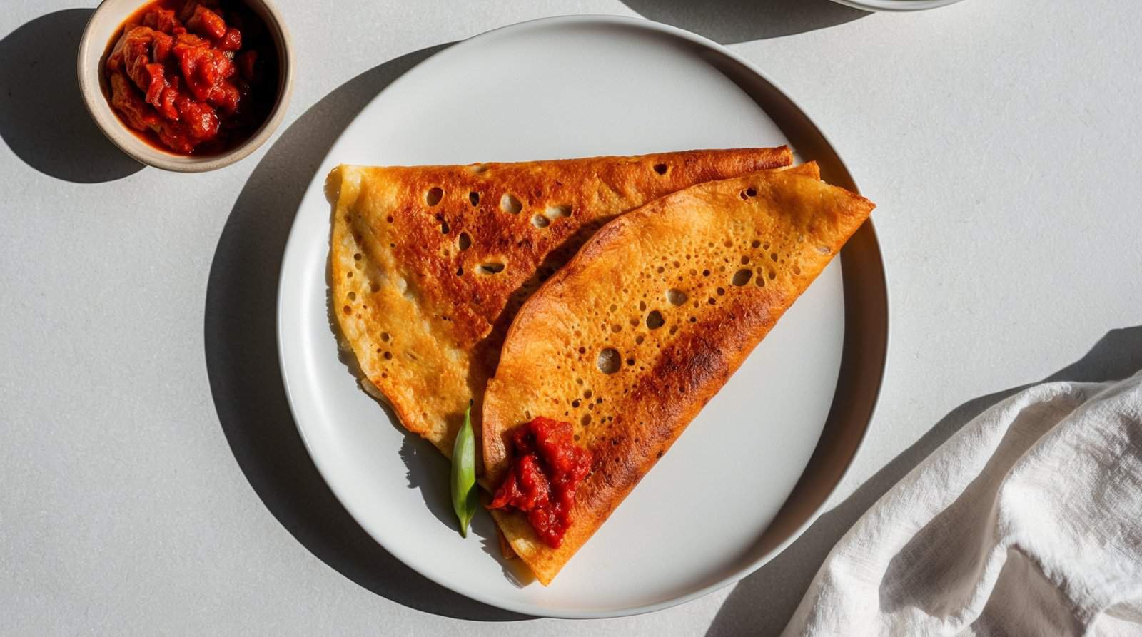 A folded crispy Mysore Masala Dosa with a dollop of spicy tomato chutney on a white plate. A small bowl of additional chutney is placed beside the plate on a light-colored surface, embodying the rich flavors of South Indian cuisine.