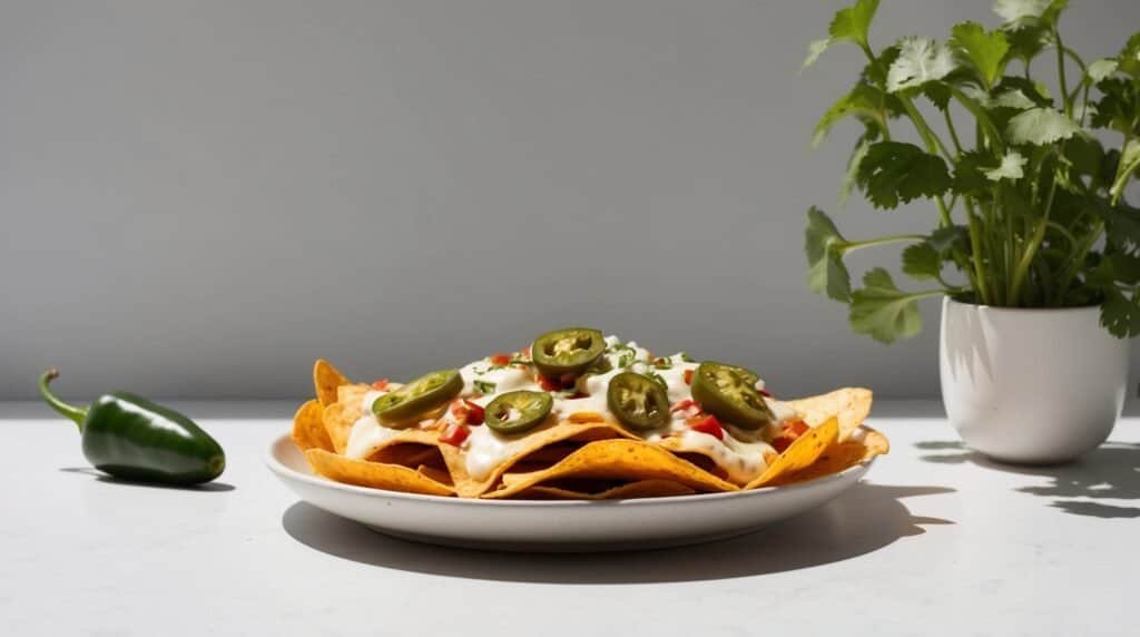 A plate of loaded nachos topped with melted cheese, jalapeno slices, and diced tomatoes sits on a white surface next to a whole jalapeno and a potted cilantro plant. Perfect for game night, this delicious snack is sure to be a hit.