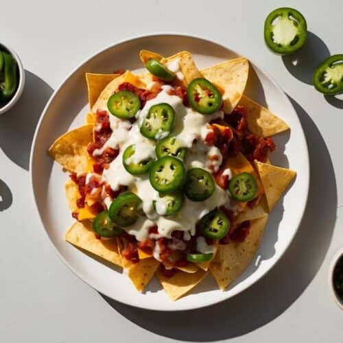 A plate of loaded nachos topped with melted cheese, jalapeno slices, and salsa, with small bowls of additional jalapeno slices and chopped herbs on the side—perfect for a game night snack.
