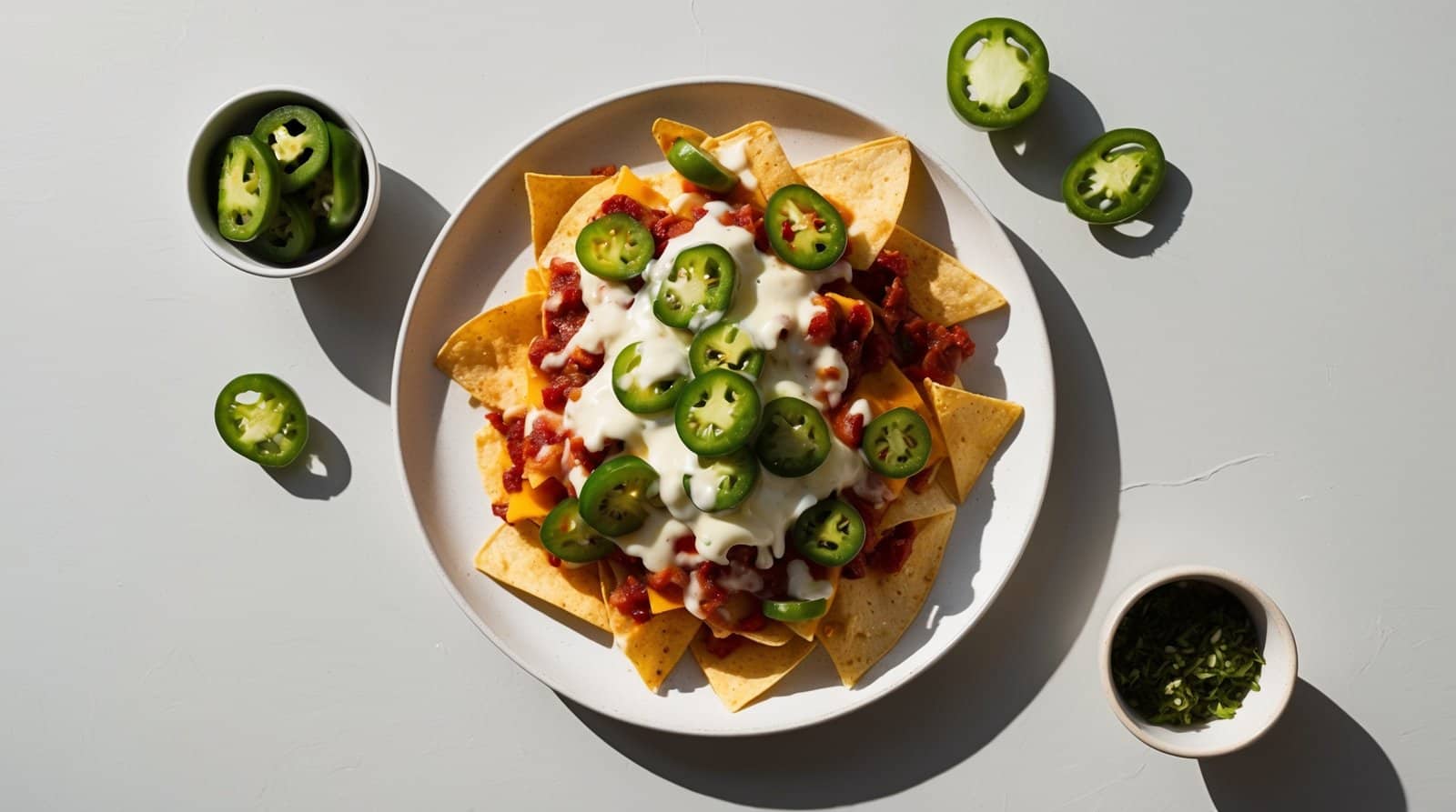 A plate of loaded nachos topped with melted cheese, jalapeno slices, and salsa, with small bowls of additional jalapeno slices and chopped herbs on the side—perfect for a game night snack.