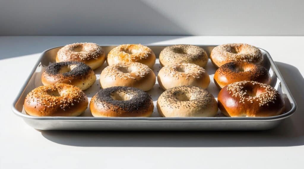 A baking tray with twelve homemade, New York-Style bagels, featuring different toppings such as sesame seeds, poppy seeds, and plain, is placed on a white surface.