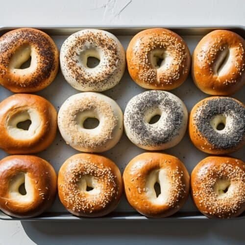 A tray of twelve New York-style bagels with different toppings, including plain, poppy seeds, sesame seeds, and everything seasoning, arranged in three rows of four.