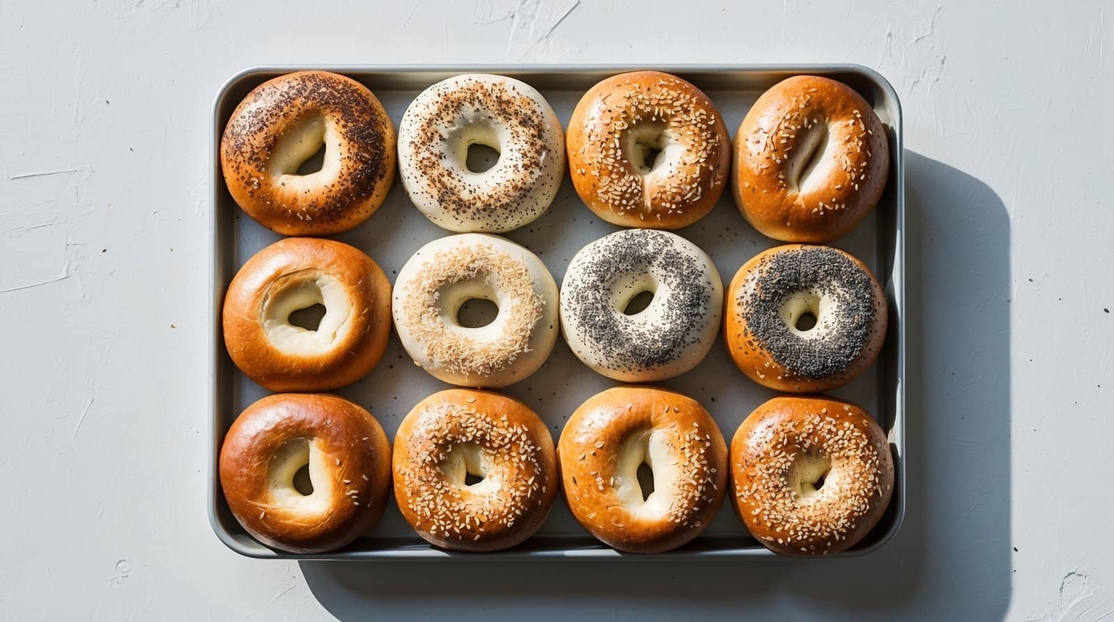 A tray of twelve New York-style bagels with different toppings, including plain, poppy seeds, sesame seeds, and everything seasoning, arranged in three rows of four.