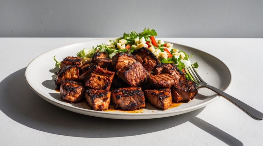 A plate with cubes of grilled meat and a side salad, garnished with chopped vegetables, showcasing an authentic Nyama Choma recipe. A fork is placed on the right side of the plate.