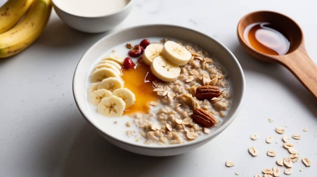 A bowl of oatmeal topped with banana slices, pecans, cranberries, and honey. A wooden spoon with honey, a banana, and a bowl of almond milk are in the background. Some oats are scattered on the table.