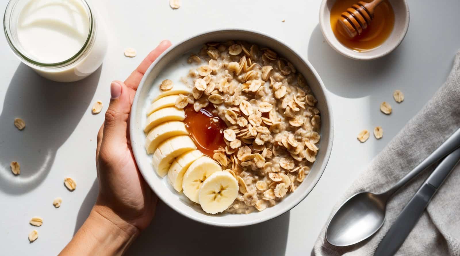 A bowl of oatmeal topped with banana slices, honey, and oats is held in one hand. Nearby are a jar of almond milk, a bowl of honey with a dipper, and a spoon on a napkin.