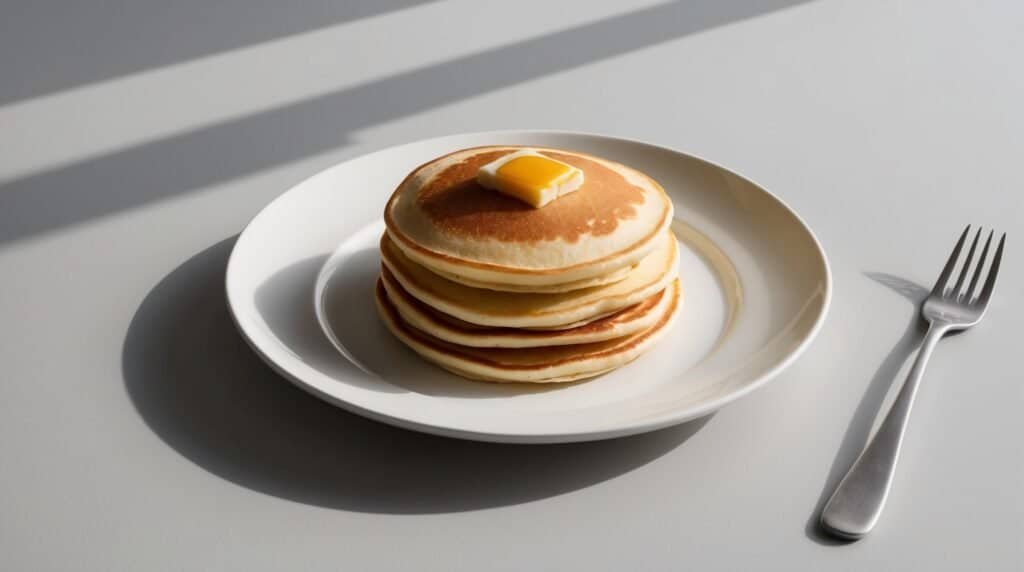 A stack of hearty pancakes with a pat of butter on top, served on a white plate, with a stainless steel fork placed beside it on a light grey surface. Perfect for fueling up on Logging Day.