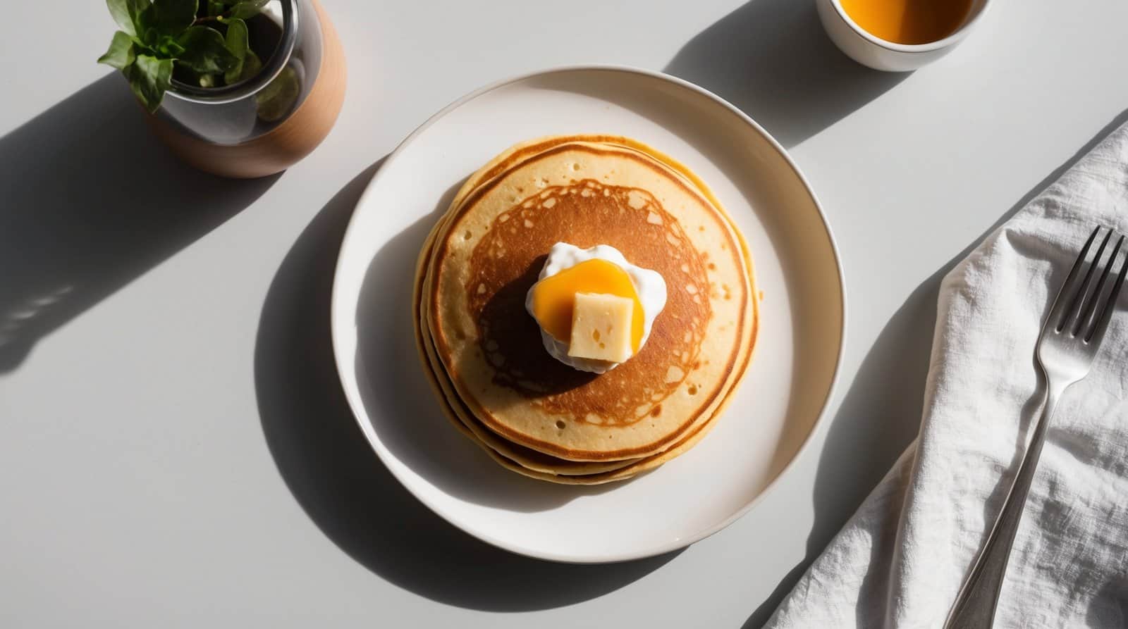 A stack of hearty pancakes topped with a dollop of cream and a pat of butter, served on a white plate. A small potted plant, a cup of syrup, and a fork with a white napkin are placed nearby—perfect for fueling up on a logging day.