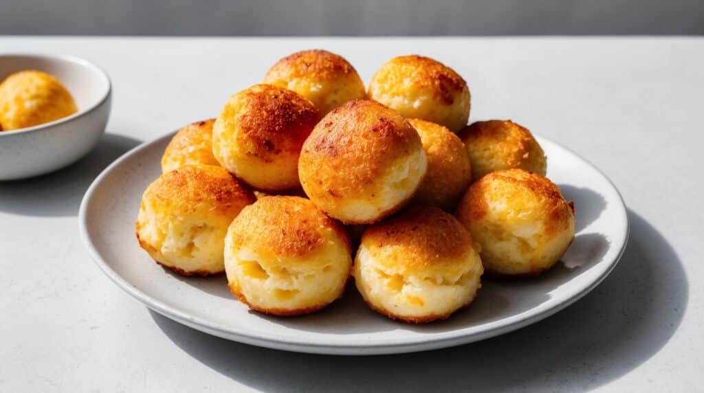 A white plate filled with several golden brown cheese bread rolls, known as Pão de Queijo, placed on a light gray surface. Another small bowl with one authentic cheese bread roll is in the background.