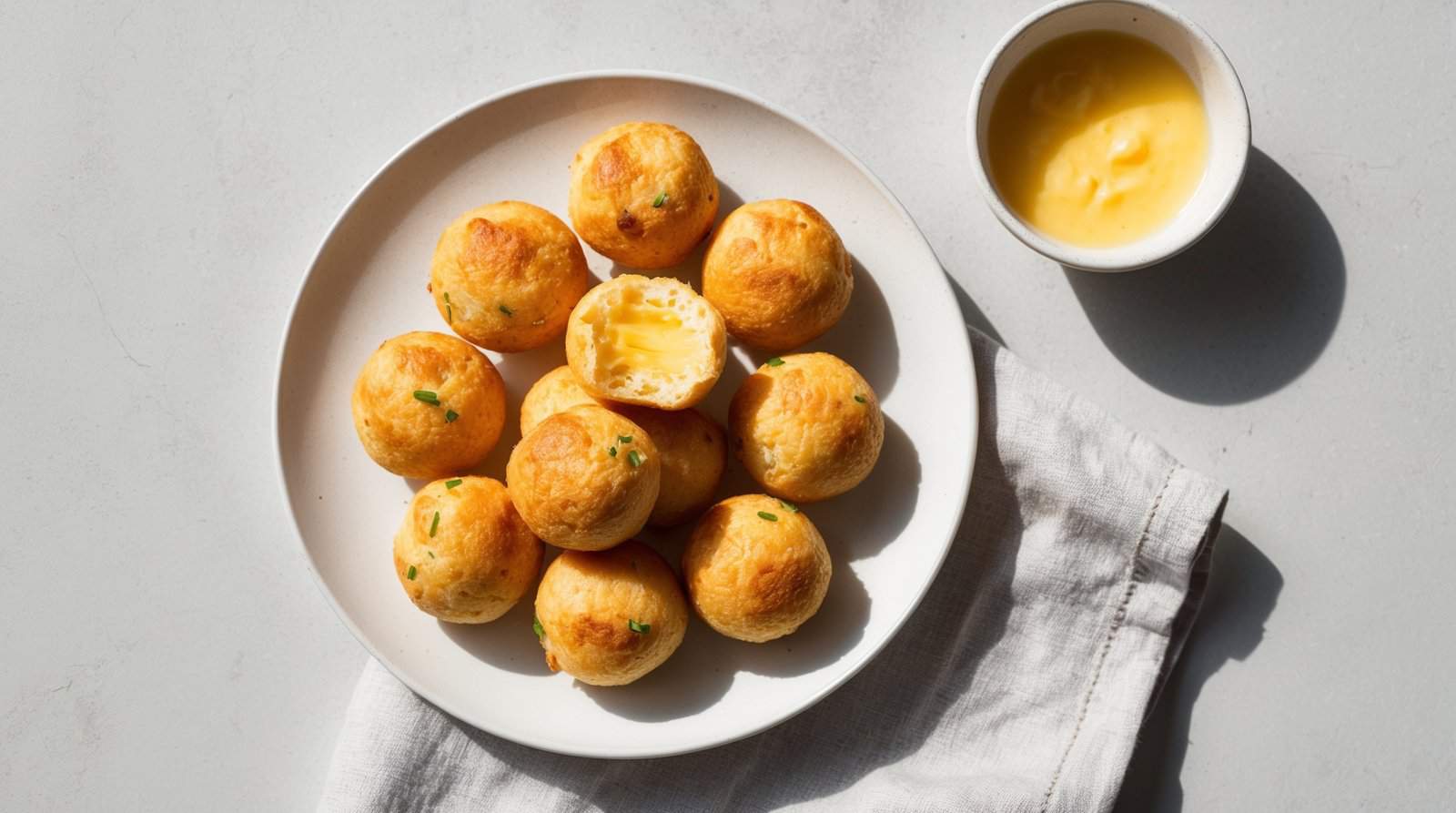 A white plate with a dozen golden-brown Pão de Queijo, one cut open to reveal a creamy filling, accompanied by a small bowl of yellow dipping sauce, on a white cloth napkin—an authentic recipe to savor.