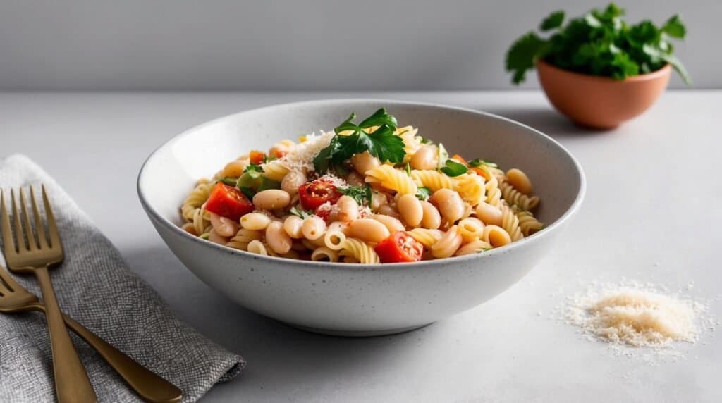 A hearty bowl of Pasta e Fagioli brimming with white beans, cherry tomatoes, and a fresh parsley garnish is set on a table with a cloth napkin, fork, and spoon. A bowl of herbs and grated cheese are in the background.