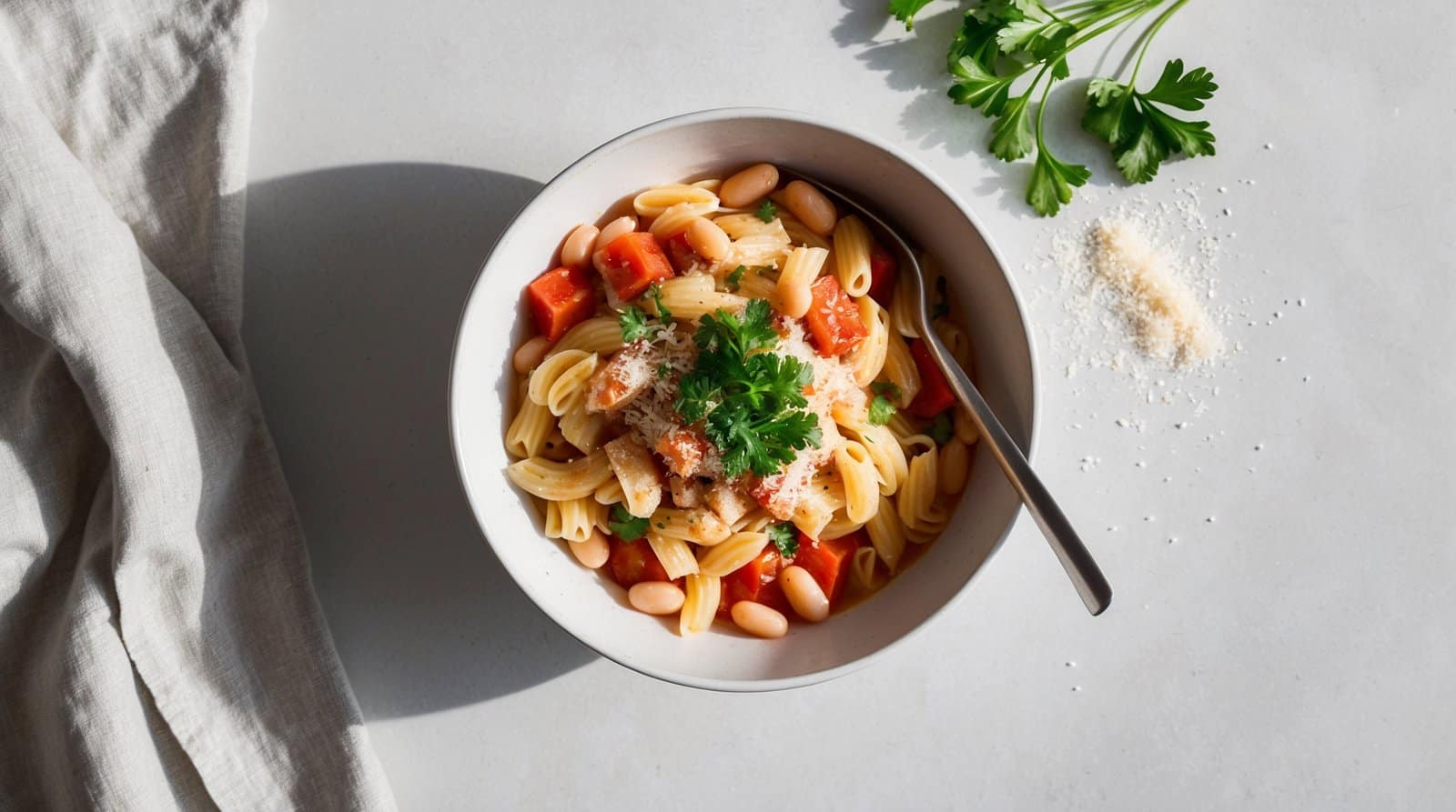 A bowl of pasta with white beans, diced tomatoes, and parsley on top, reminiscent of Pasta e Fagioli, sits next to a napkin, parsley sprigs, and a sprinkle of cheese.