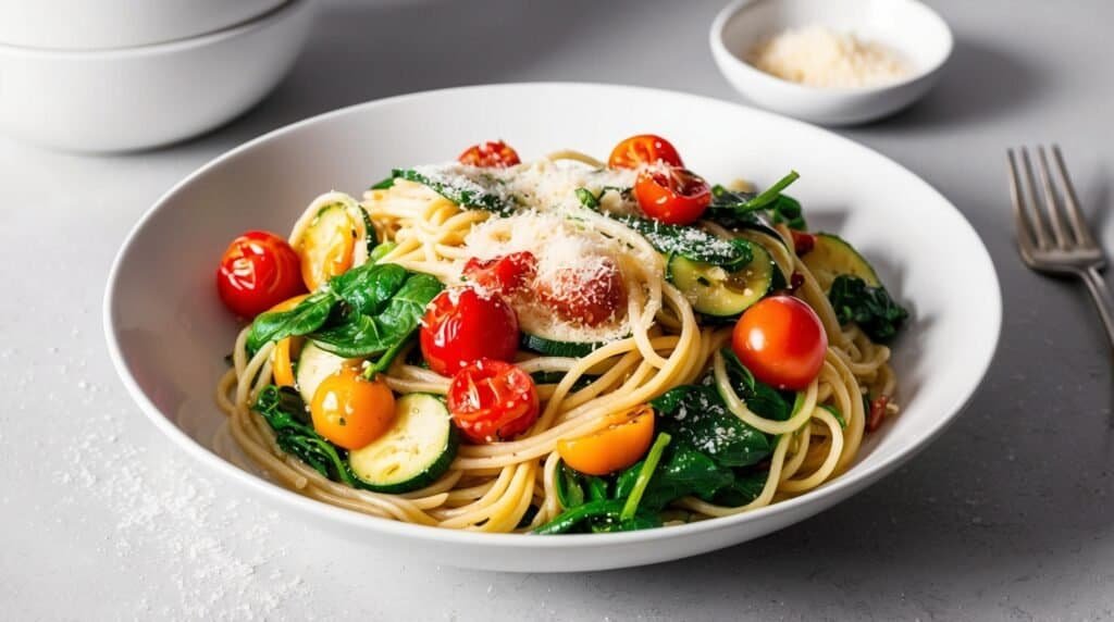 A bowl of spaghetti with cherry tomatoes, zucchini slices, and spinach, topped with grated parmesan cheese makes for a quick and hearty pasta. A small bowl of extra parmesan and stacked white bowls are in the background.