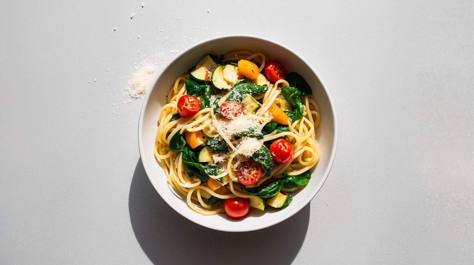A bowl of spaghetti topped with cherry tomatoes, zucchini, spinach, and grated cheese sits on a light gray surface with a small amount of grated cheese scattered nearby—an irresistible hearty veggie pasta perfect for any meal.