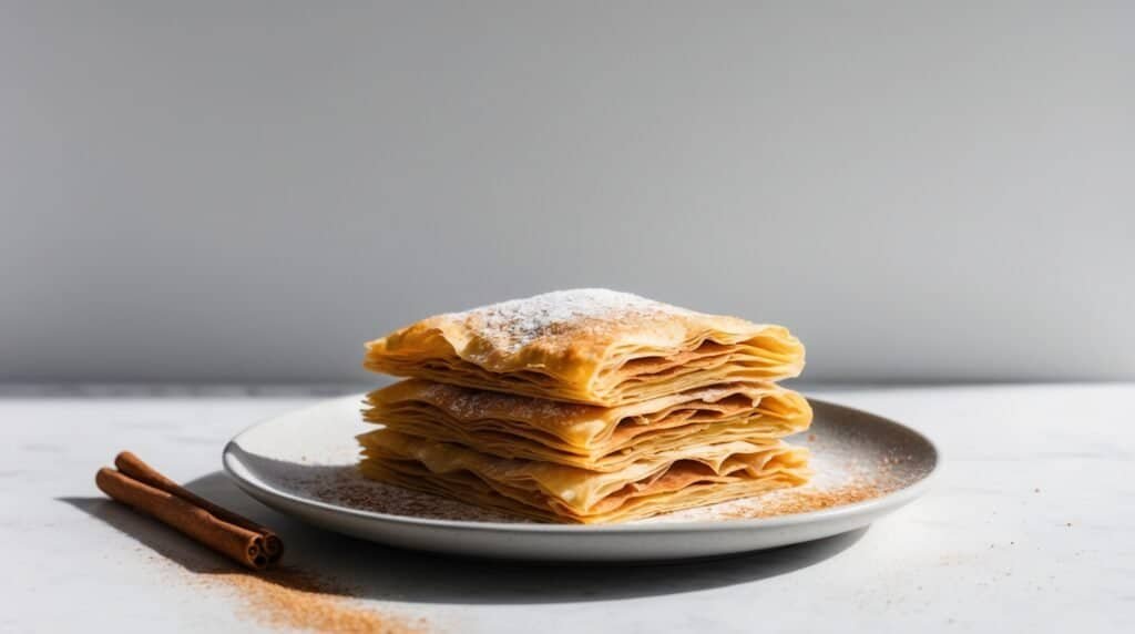 A Moroccan Pastilla stack of layered pastries dusted with powdered sugar on a plate, with cinnamon sticks placed beside it on a white marble surface.