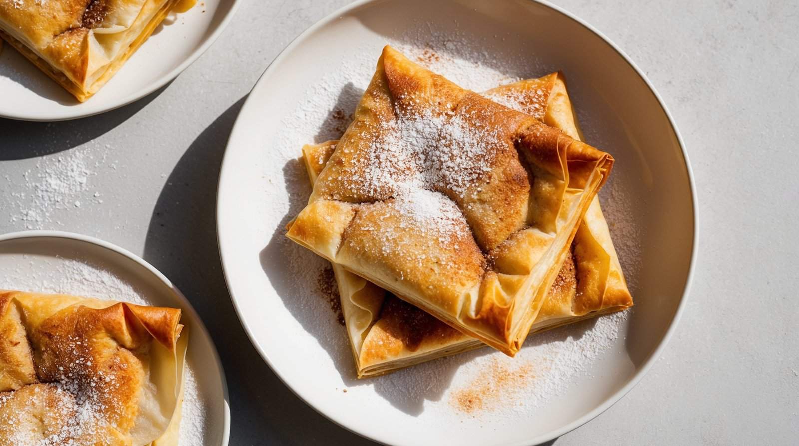 Plates of Moroccan Pastilla pastries, their golden-brown crusts dusted with powdered sugar and almonds, placed on a light-colored surface.