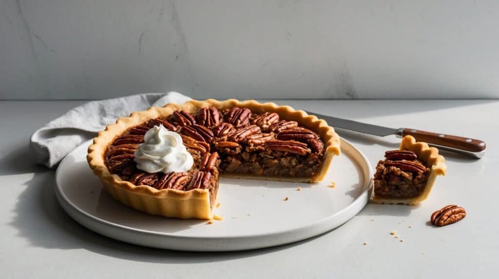 A classic pecan pie with a slice removed on a plate, featuring neatly arranged pecans and a dollop of whipped cream, accompanied by a knife and a cloth on a light surface.